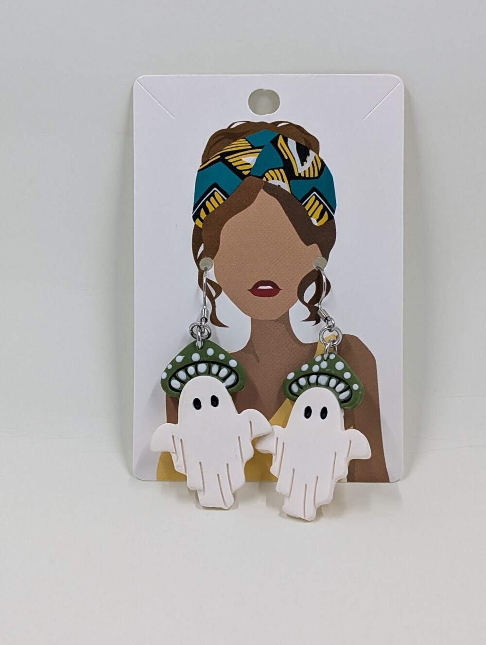 Handmade White Ghost & Green Mushroom Dangle Earrings